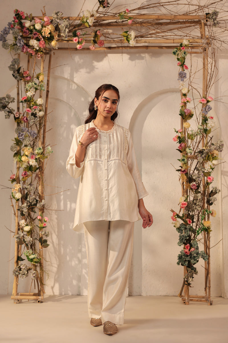 Vaayu Ivory Pintuck co-ord Set silk tencel kurta/kurta set by Niti Bothra in ivory for women Worldwide