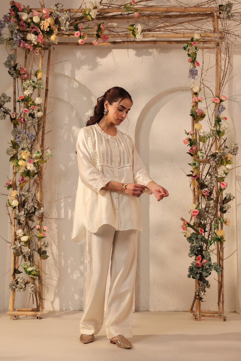 Vaayu Ivory Pintuck co-ord Set silk tencel kurta/kurta set by Niti Bothra in ivory for women Worldwide