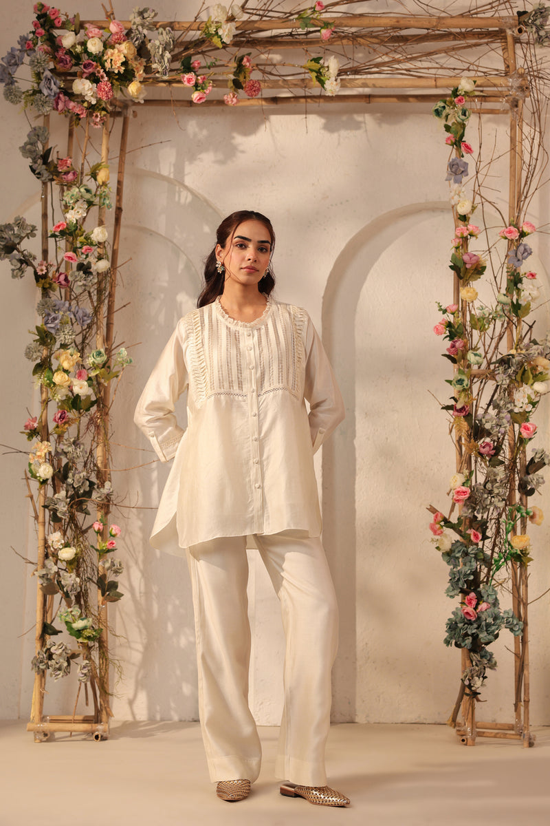 Vaayu Ivory Pintuck co-ord Set silk tencel kurta/kurta set by Niti Bothra in ivory for women Worldwide