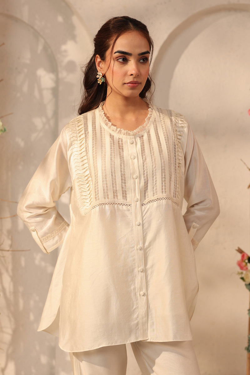 Vaayu Ivory Pintuck co-ord Set silk tencel kurta/kurta set by Niti Bothra in ivory for women Worldwide