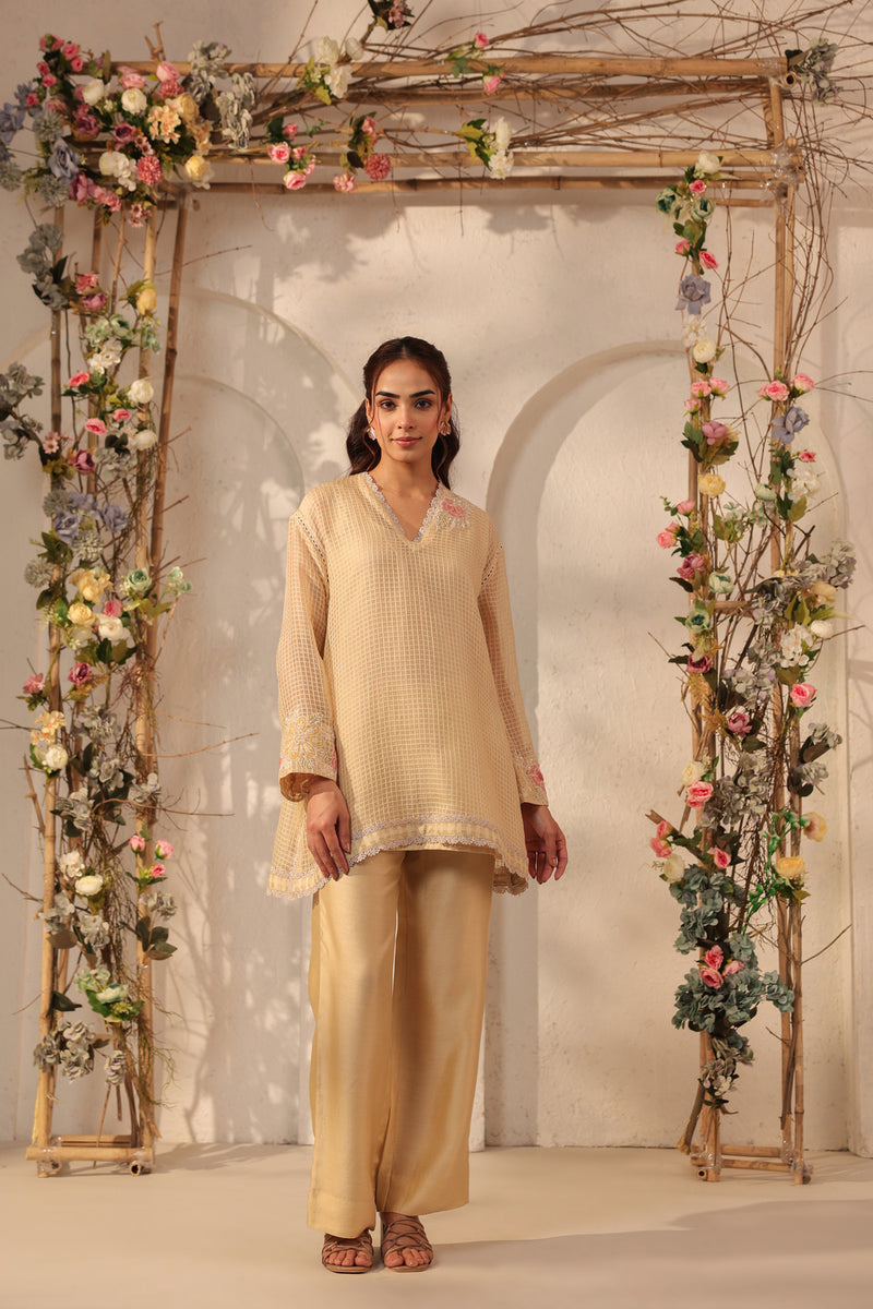 Vaayu Beige Applique Co-ord Set silk chanderi , silk tencel kurta/kurta set by Niti Bothra in beige for women Worldwide