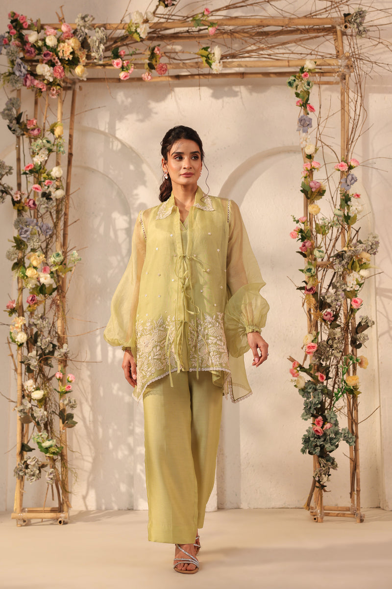 Vaayu Green Jacket Co-ord Set organza , silk tencel kurta/kurta set by Niti Bothra in green for women Worldwide