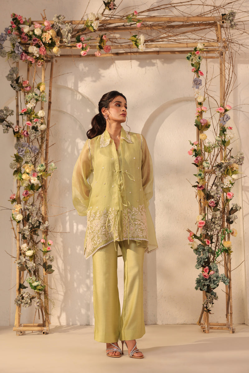 Vaayu Green Jacket Co-ord Set organza , silk tencel kurta/kurta set by Niti Bothra in green for women Worldwide