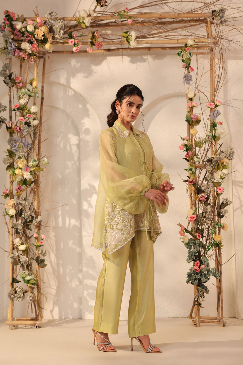 Vaayu Green Jacket Co-ord Set organza , silk tencel kurta/kurta set by Niti Bothra in green for women Worldwide