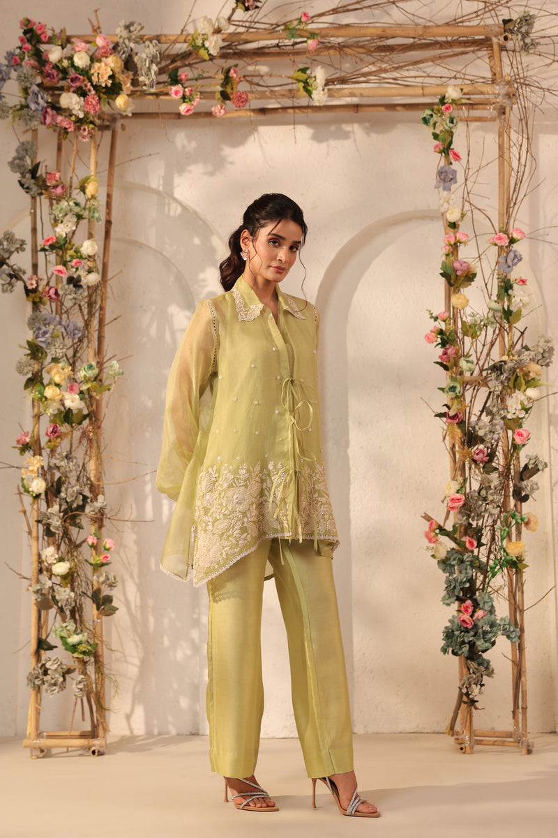 Vaayu Green Jacket Co-ord Set organza , silk tencel kurta/kurta set by Niti Bothra in green for women Worldwide