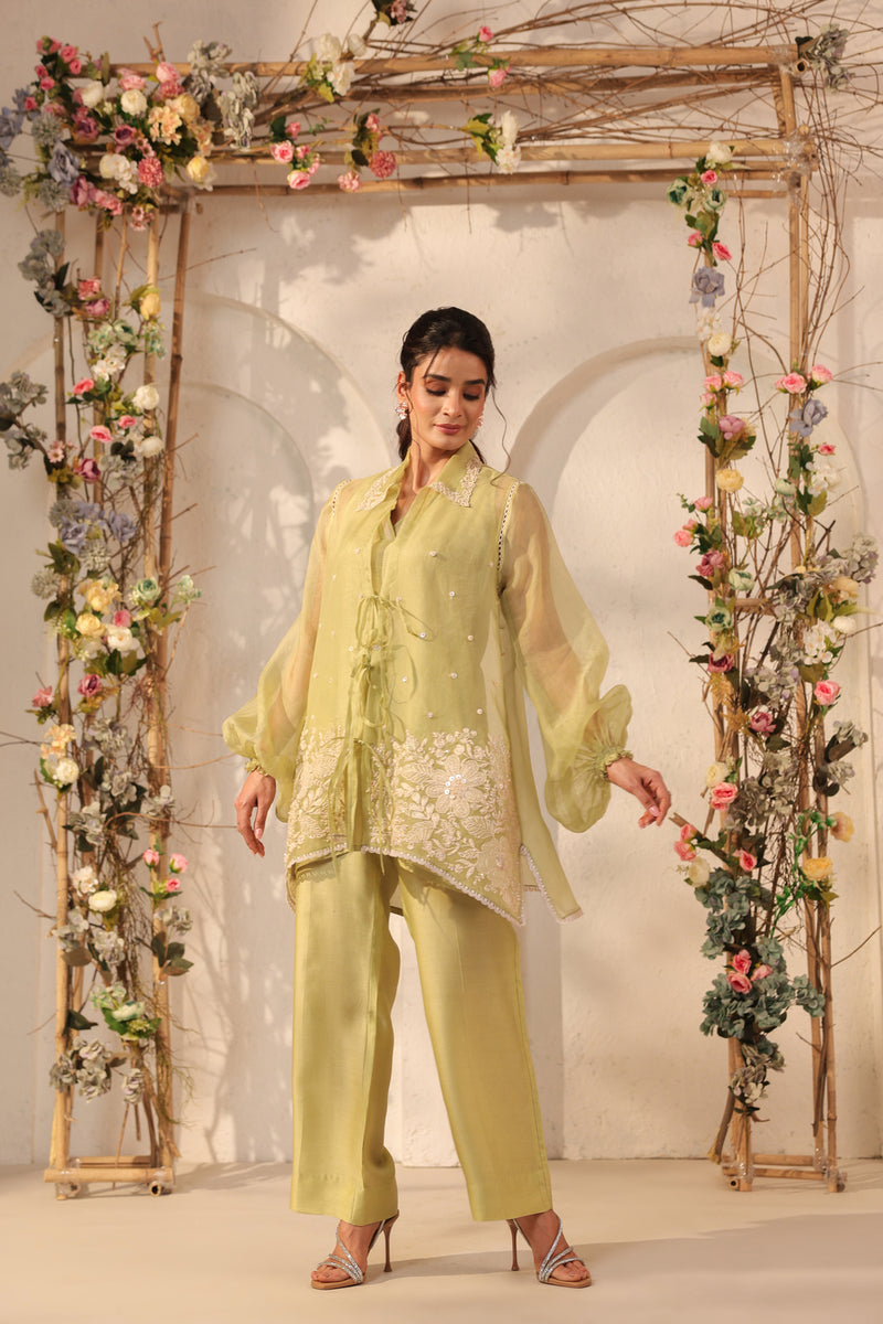 Vaayu Green Jacket Co-ord Set organza , silk tencel kurta/kurta set by Niti Bothra in green for women Worldwide