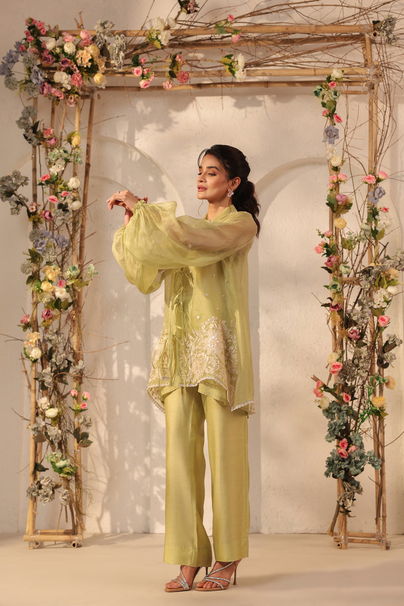 Vaayu Green Jacket Co-ord Set organza , silk tencel kurta/kurta set by Niti Bothra in green for women Worldwide