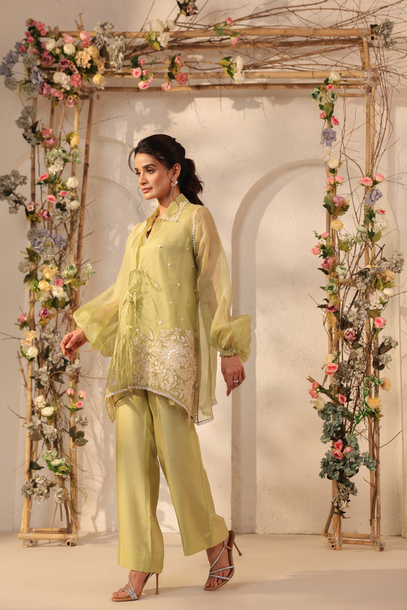Vaayu Green Jacket Co-ord Set organza , silk tencel kurta/kurta set by Niti Bothra in green for women Worldwide