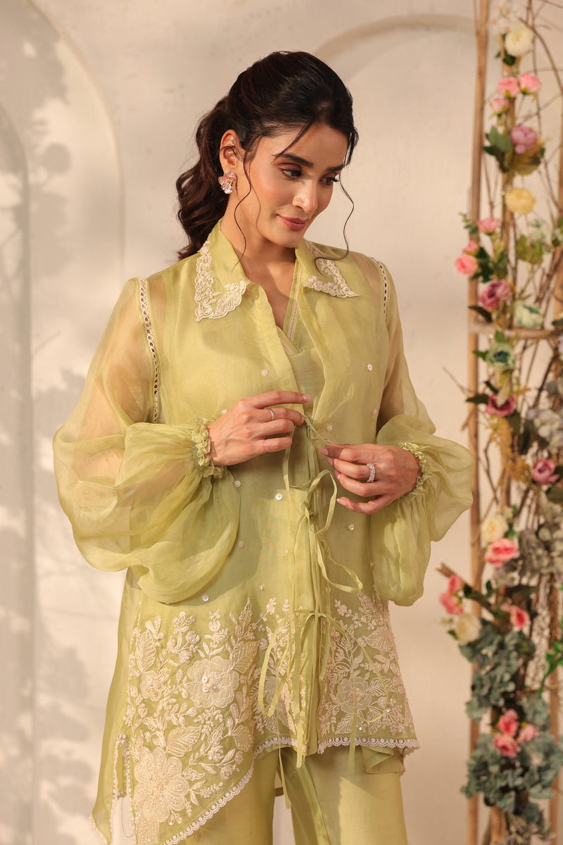 Vaayu Green Jacket Co-ord Set organza , silk tencel kurta/kurta set by Niti Bothra in green for women Worldwide