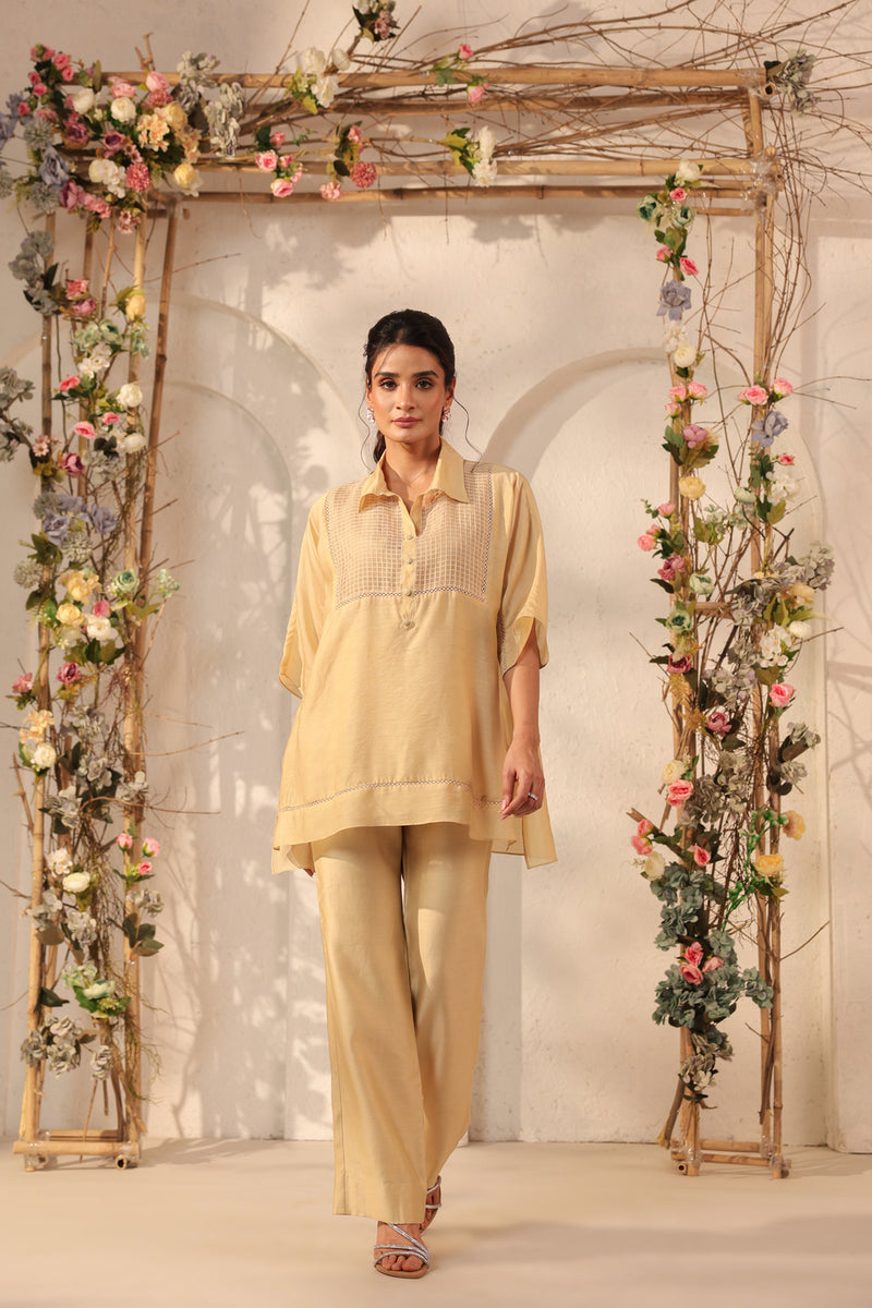 Vaayu Beige Collar Co-ord Set silk tencel kurta/kurta set by Niti Bothra in beige for women Worldwide