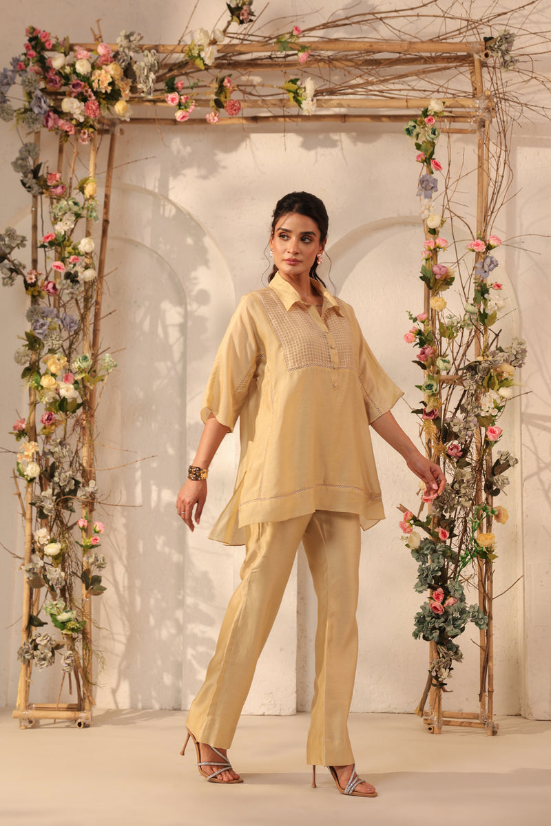 Vaayu Beige Collar Co-ord Set silk tencel kurta/kurta set by Niti Bothra in beige for women Worldwide