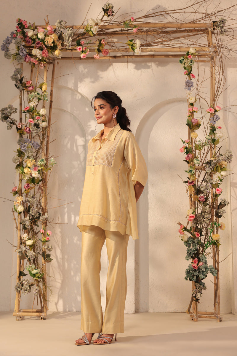 Vaayu Beige Collar Co-ord Set silk tencel kurta/kurta set by Niti Bothra in beige for women Worldwide