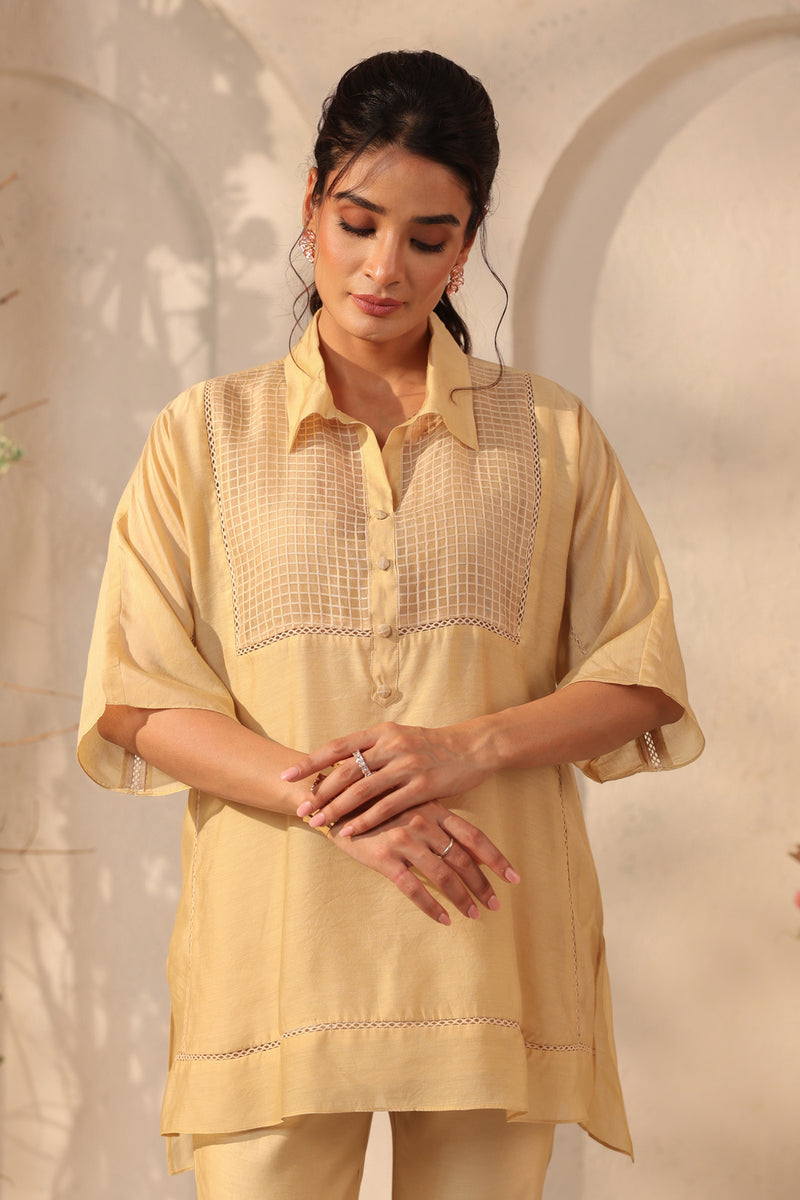 Vaayu Beige Collar Co-ord Set silk tencel kurta/kurta set by Niti Bothra in beige for women Worldwide