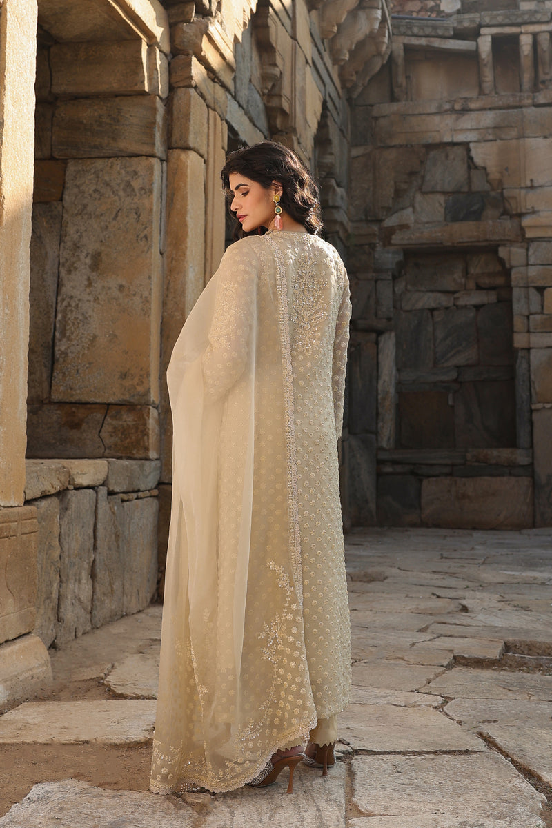 Vaayu Beige Buti Close Neck Kurta Set organza , silk tencel kurta/kurta set by Niti Bothra in beige for women Worldwide