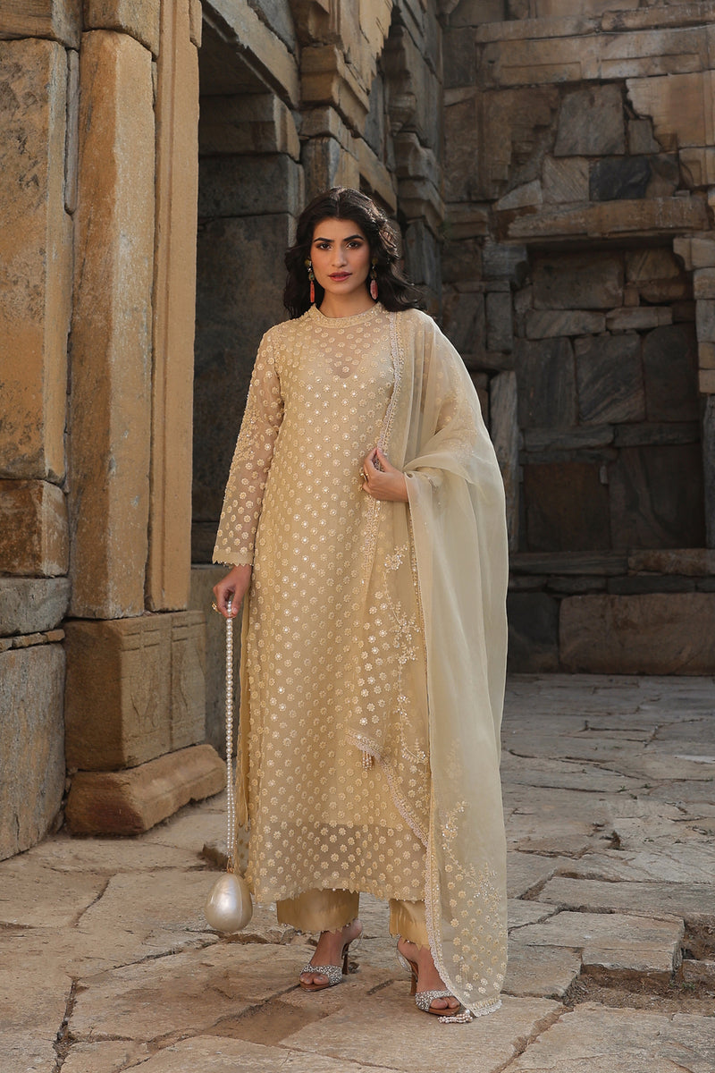 Vaayu Beige Buti Close Neck Kurta Set organza , silk tencel kurta/kurta set by Niti Bothra in beige for women Worldwide