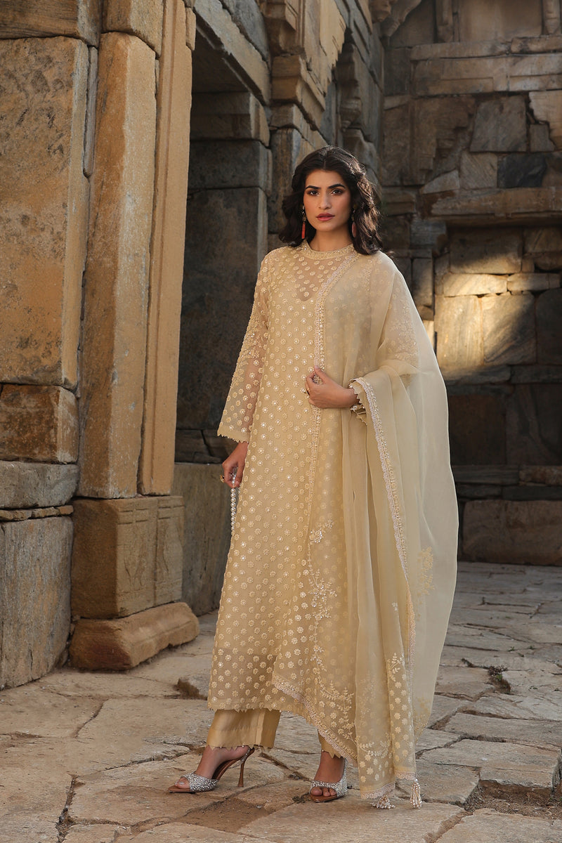 Vaayu Beige Buti Close Neck Kurta Set organza , silk tencel kurta/kurta set by Niti Bothra in beige for women Worldwide