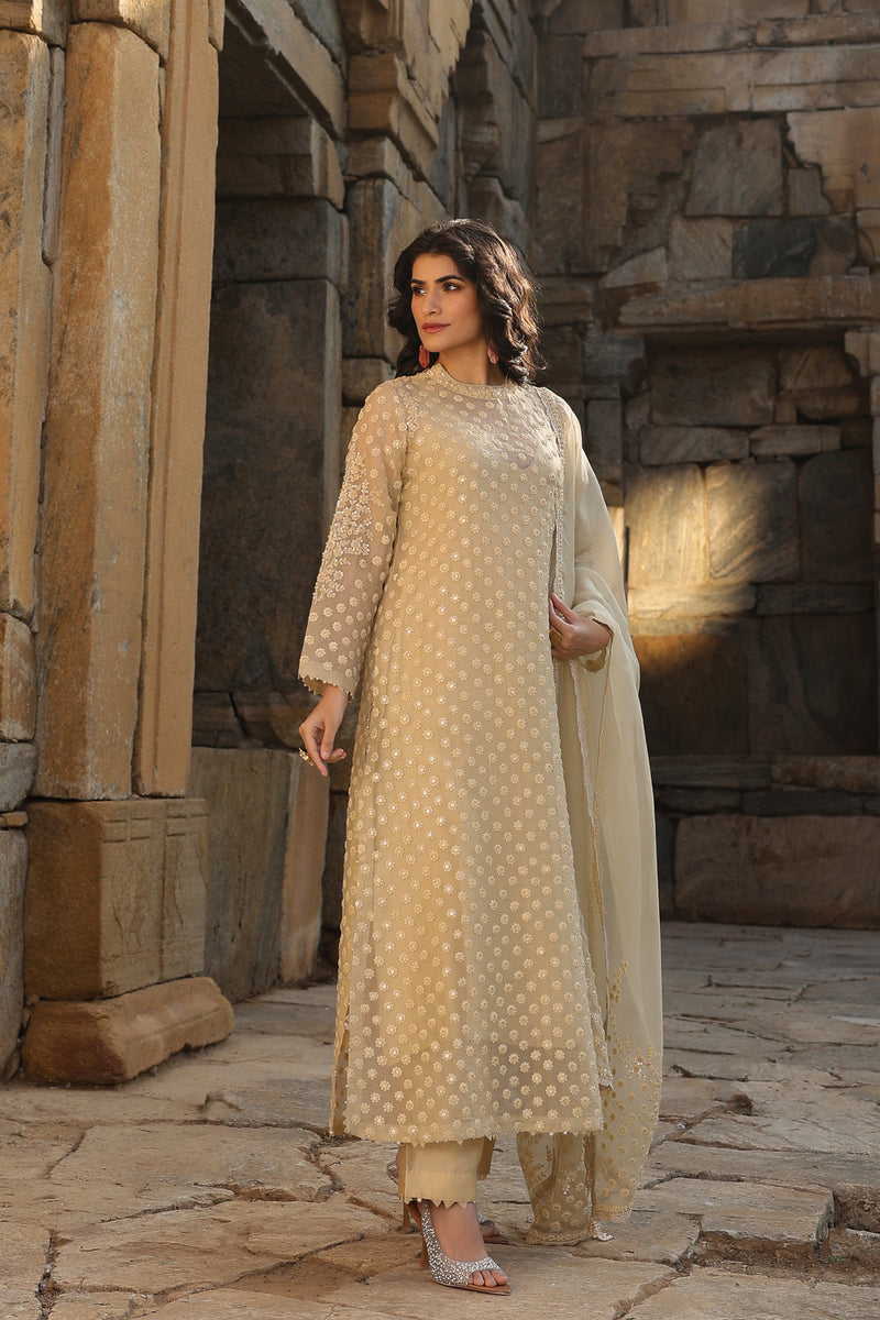 Vaayu Beige Buti Close Neck Kurta Set organza , silk tencel kurta/kurta set by Niti Bothra in beige for women Worldwide
