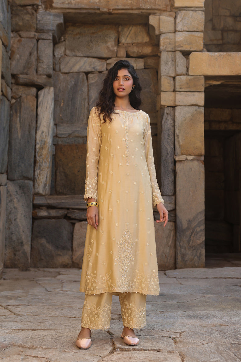 Vaayu Beige Light Buti Kurta Set silk modal kurta/kurta set by Niti Bothra in beige for women Worldwide