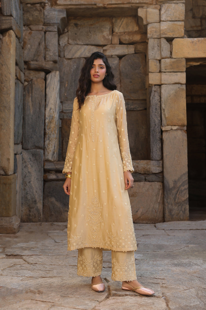 Vaayu Beige Light Buti Kurta Set silk modal kurta/kurta set by Niti Bothra in beige for women Worldwide
