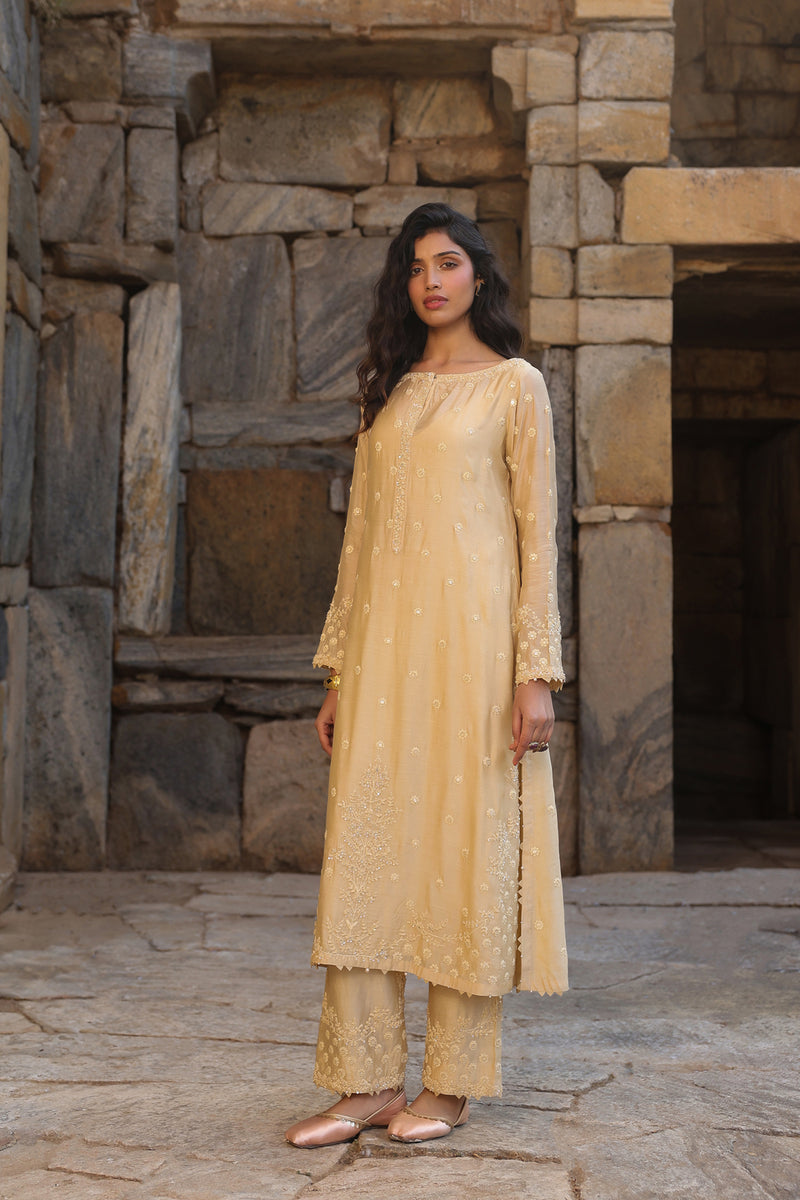 Vaayu Beige Light Buti Kurta Set silk modal kurta/kurta set by Niti Bothra in beige for women Worldwide
