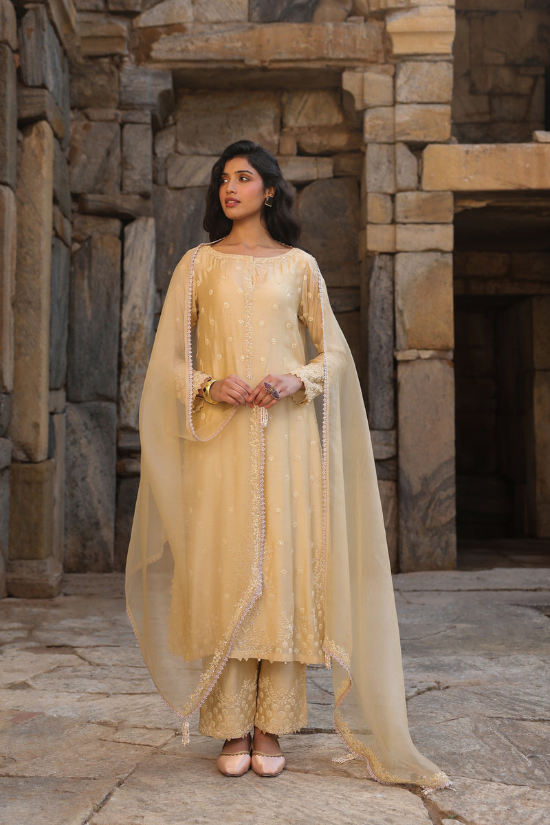 Vaayu Beige Light Buti Kurta Set silk modal kurta/kurta set by Niti Bothra in beige for women Worldwide