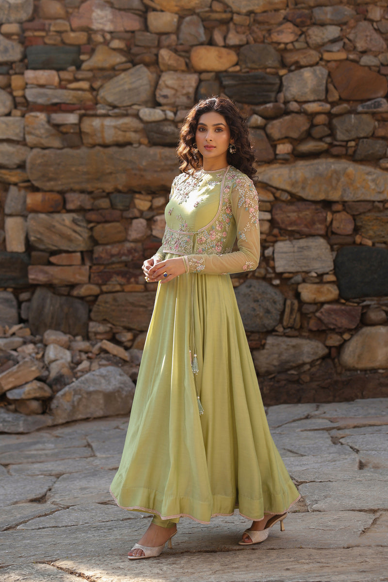 Vaayu Green Koti Anarkali Set silk modal kurta/kurta set by Niti Bothra in green for women Worldwide