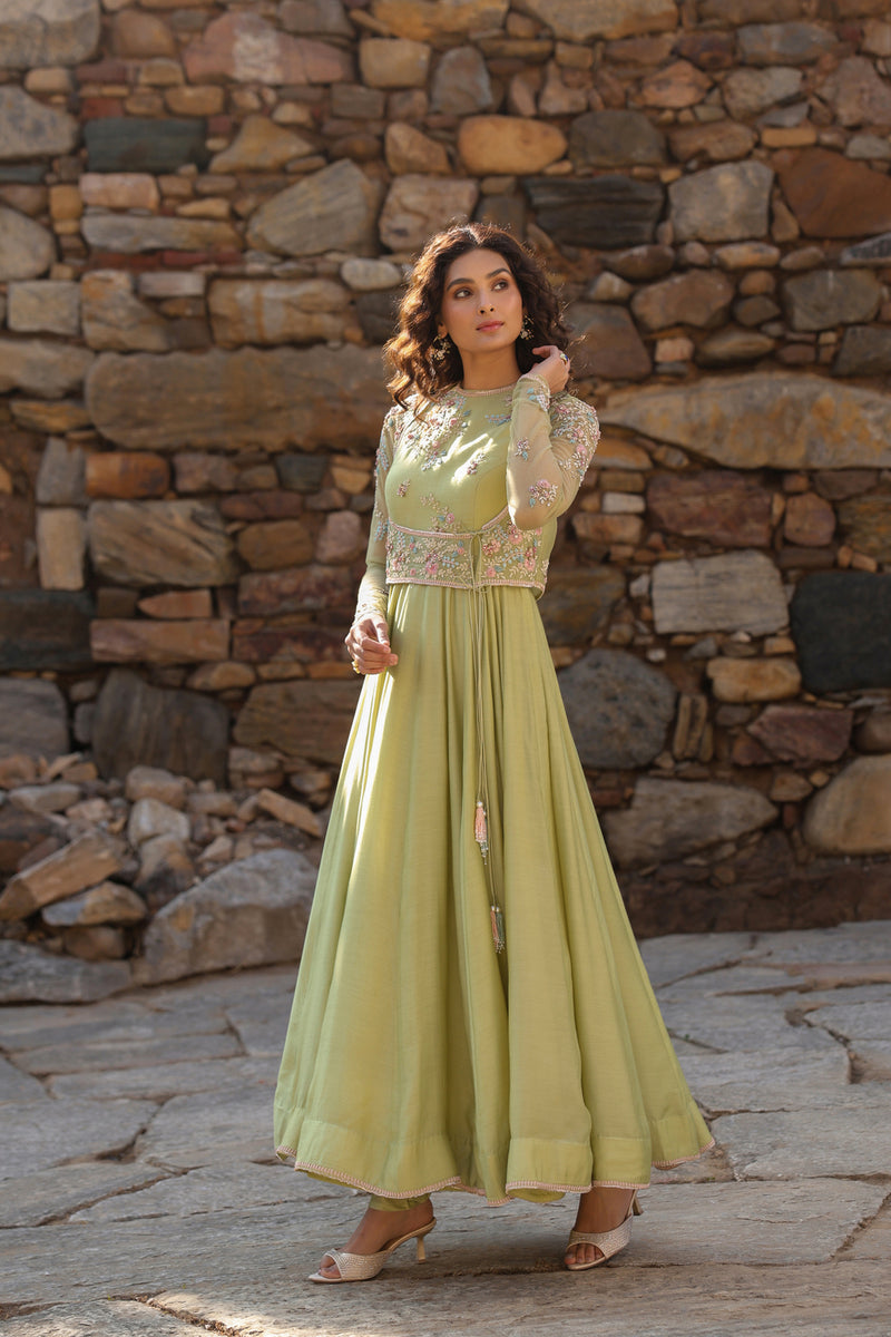 Vaayu Green Koti Anarkali Set silk modal kurta/kurta set by Niti Bothra in green for women Worldwide