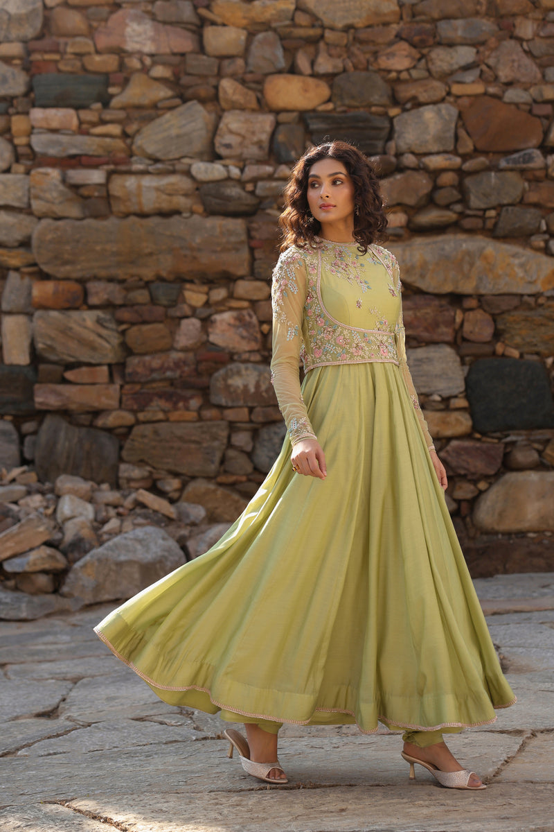 Vaayu Green Koti Anarkali Set silk modal kurta/kurta set by Niti Bothra in green for women Worldwide