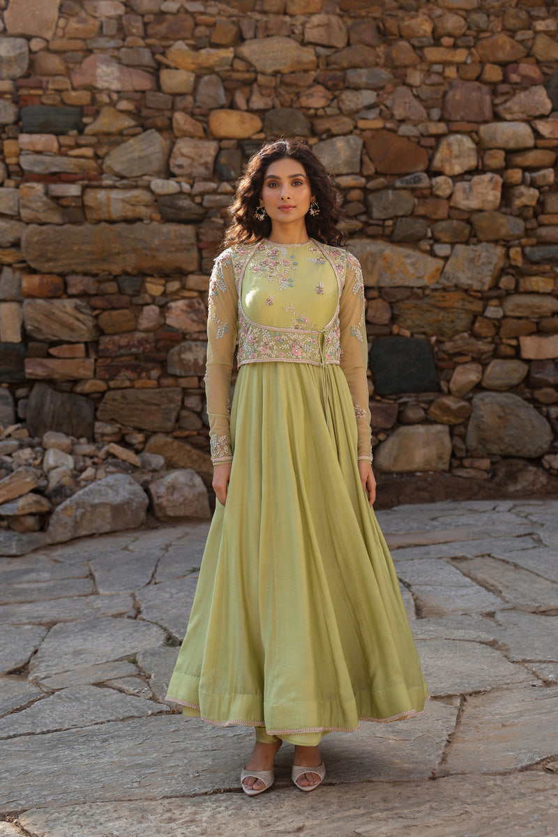 Vaayu Green Koti Anarkali Set silk modal kurta/kurta set by Niti Bothra in green for women Worldwide