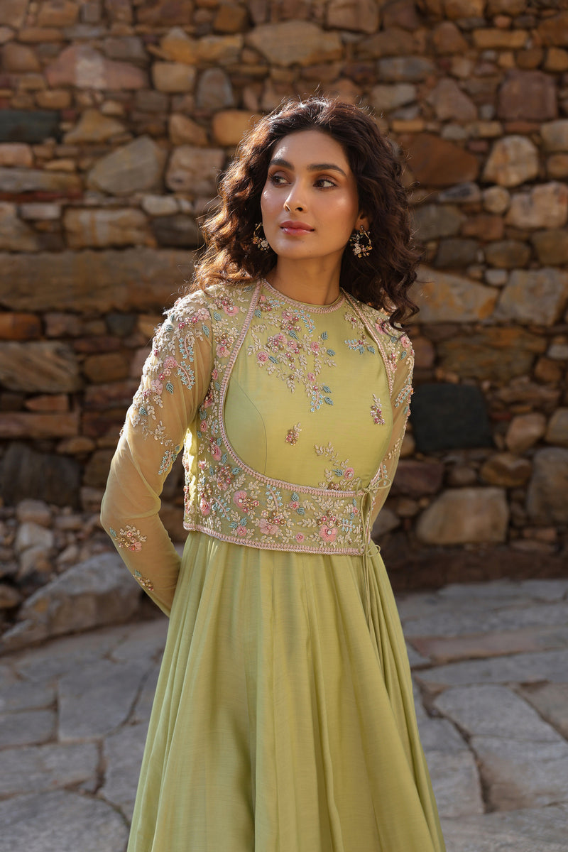 Vaayu Green Koti Anarkali Set silk modal kurta/kurta set by Niti Bothra in green for women Worldwide