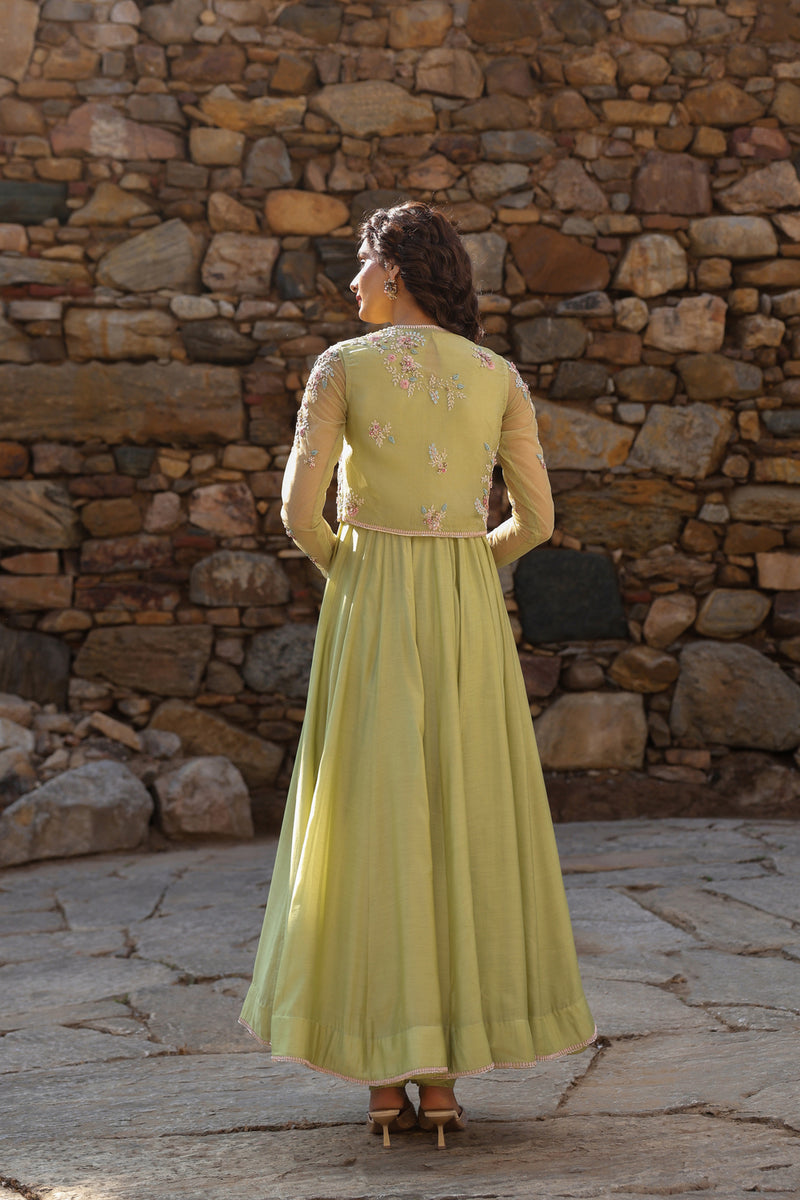 Vaayu Green Koti Anarkali Set silk modal kurta/kurta set by Niti Bothra in green for women Worldwide