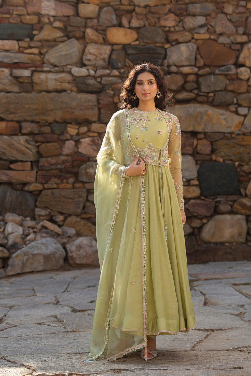 Vaayu Green Koti Anarkali Set silk modal kurta/kurta set by Niti Bothra in green for women Worldwide