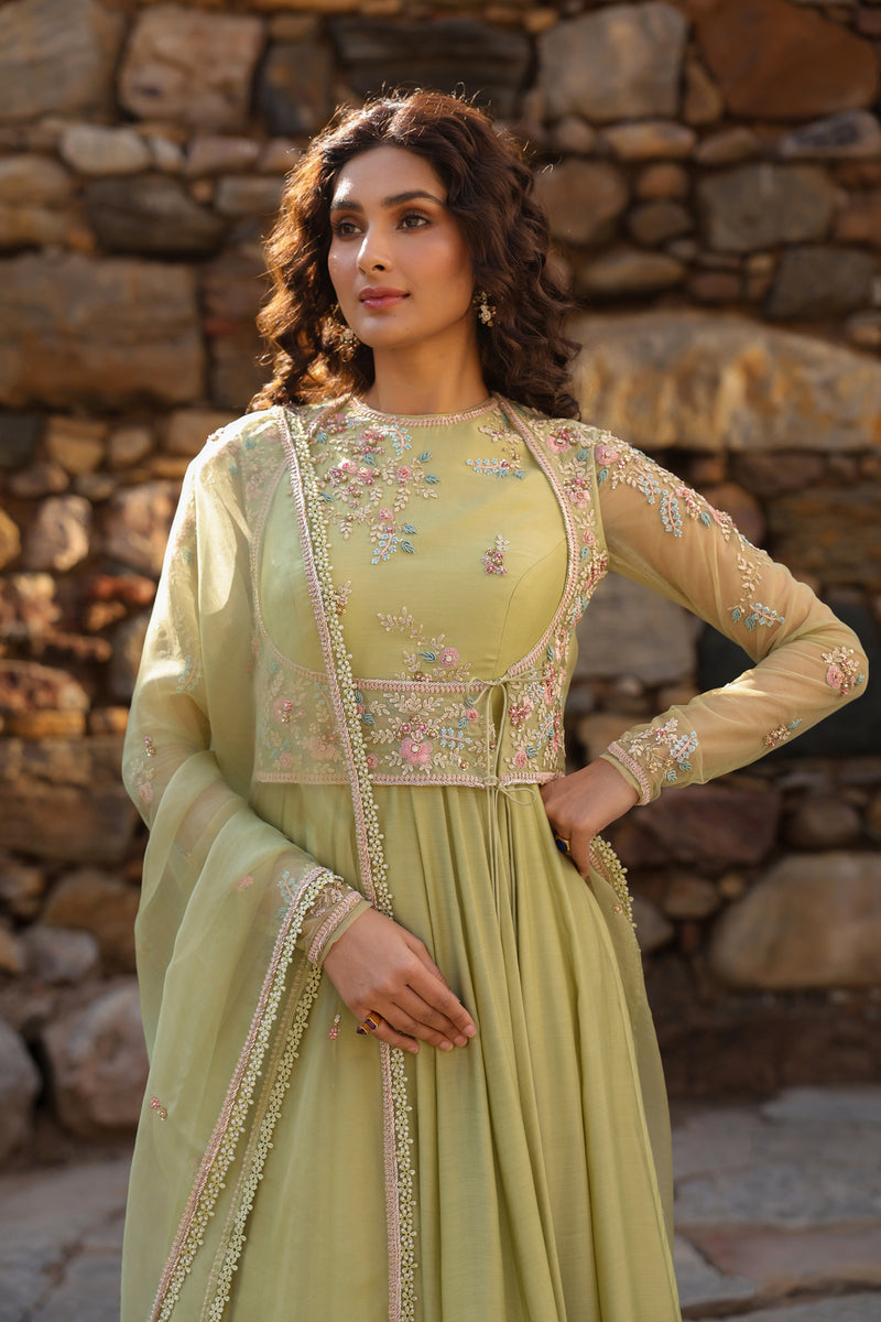 Vaayu Green Koti Anarkali Set silk modal kurta/kurta set by Niti Bothra in green for women Worldwide