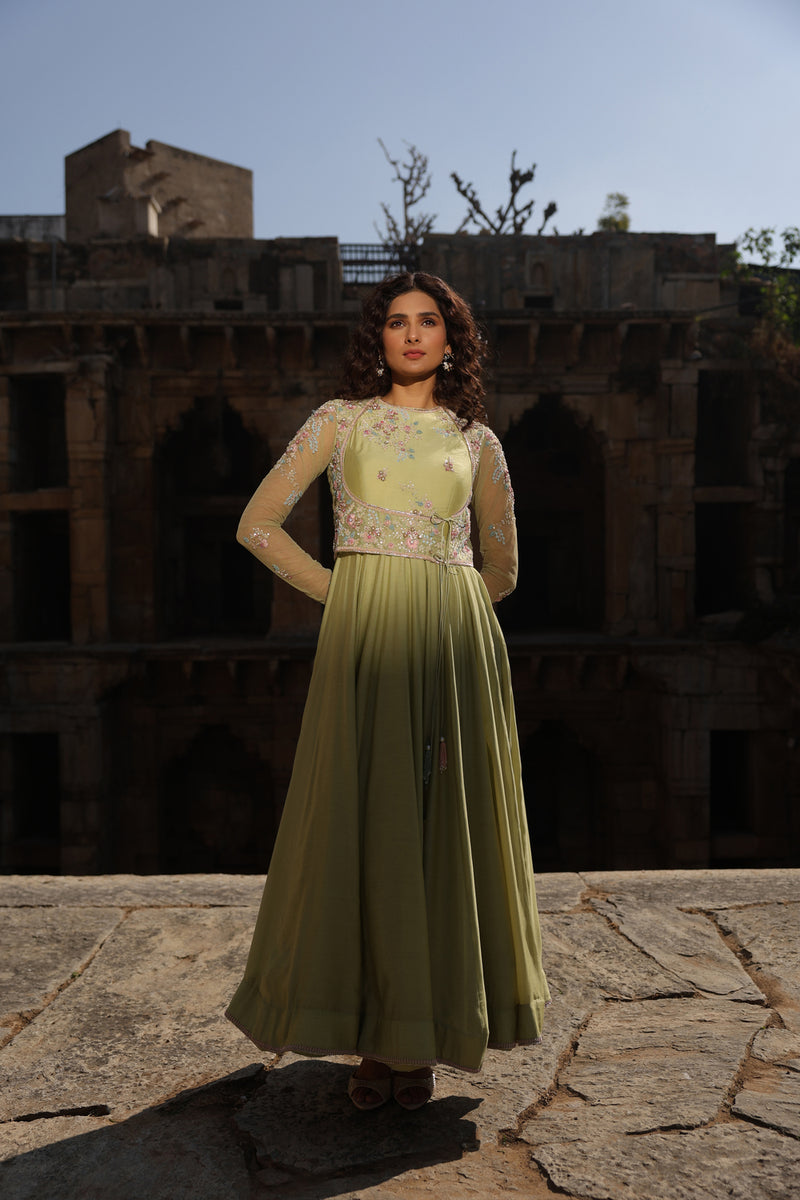 Vaayu Green Koti Anarkali Set silk modal kurta/kurta set by Niti Bothra in green for women Worldwide
