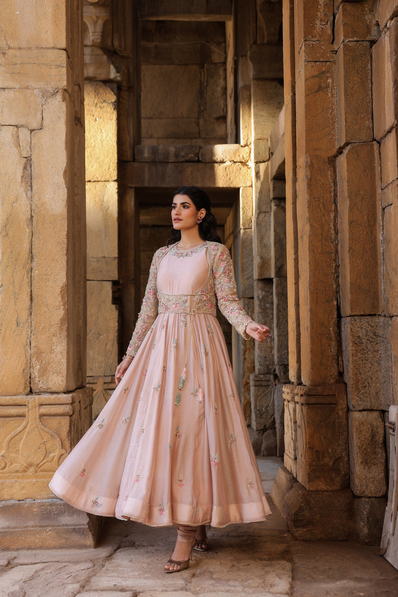 Vaayu Light Pink Heavy Koti Anarkali Set silk modal kurta/kurta set by Niti Bothra in light pink for women Worldwide