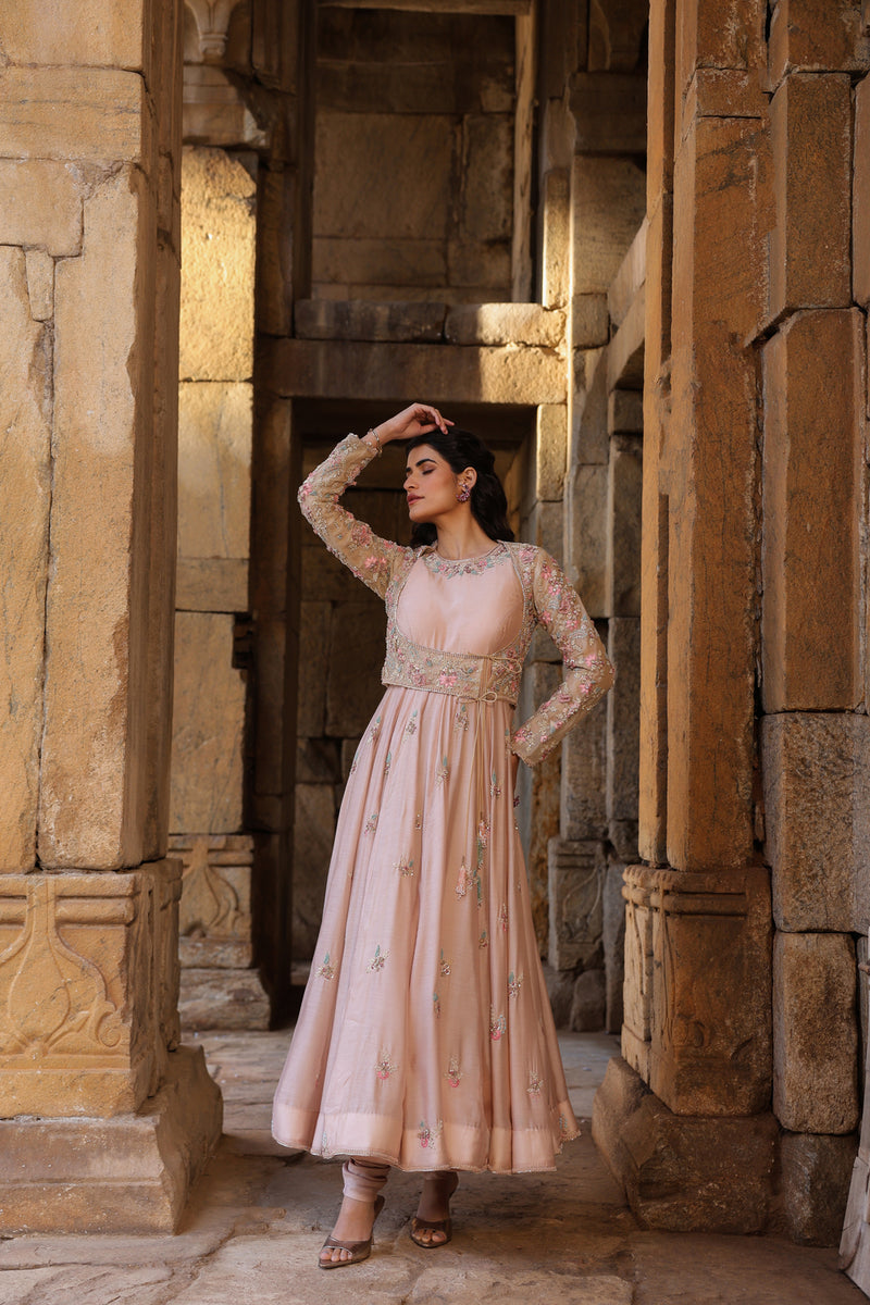 Vaayu Light Pink Heavy Koti Anarkali Set silk modal kurta/kurta set by Niti Bothra in light pink for women Worldwide