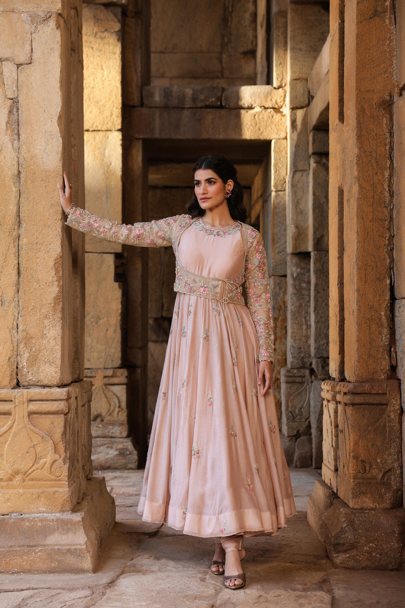 Vaayu Light Pink Heavy Koti Anarkali Set silk modal kurta/kurta set by Niti Bothra in light pink for women Worldwide