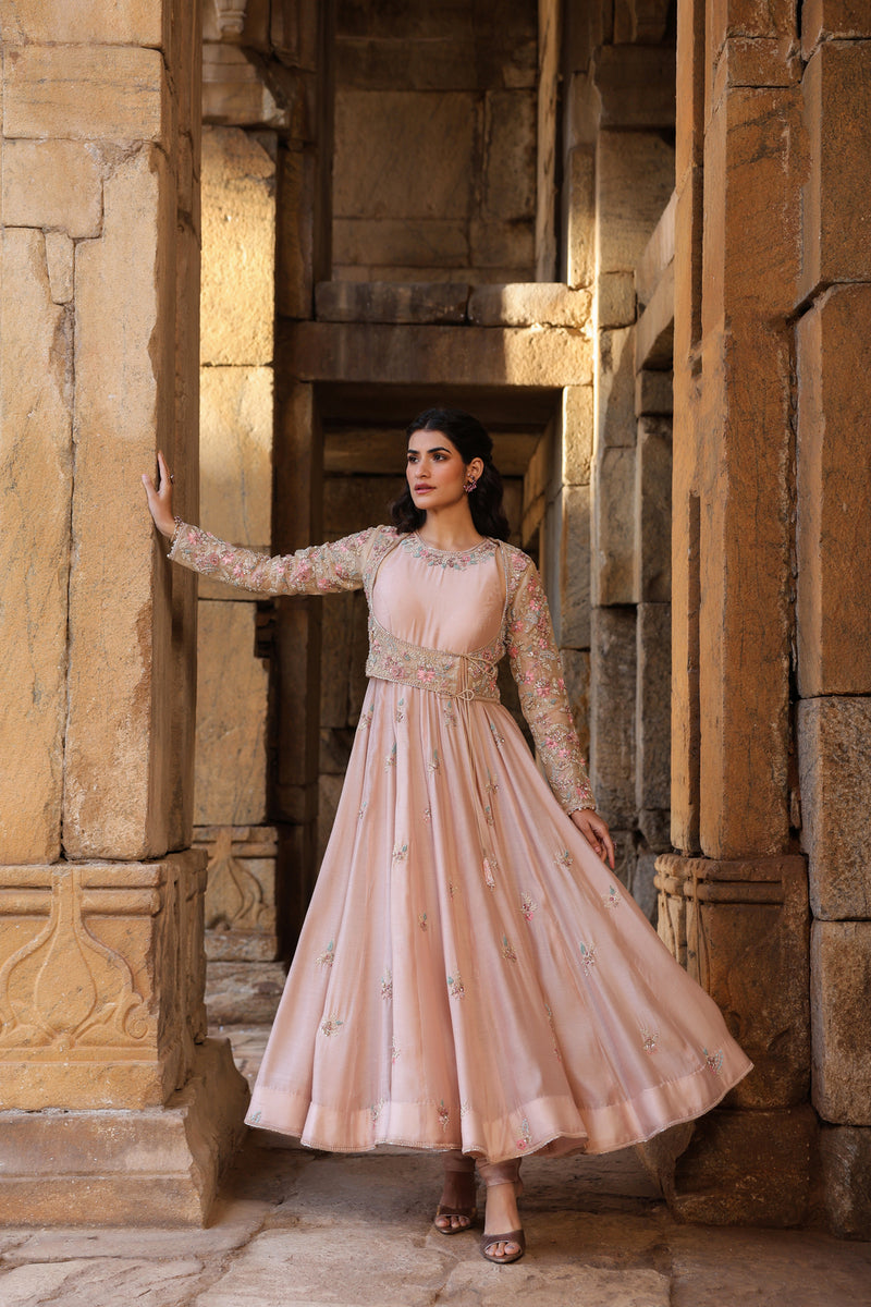 Vaayu Light Pink Heavy Koti Anarkali Set silk modal kurta/kurta set by Niti Bothra in light pink for women Worldwide