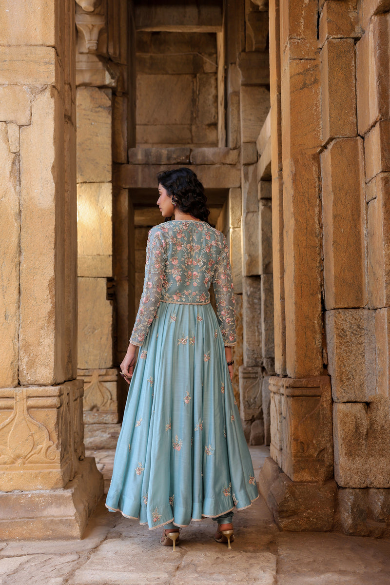 Vaayu Light Blue Heavy Koti Anarkali Set silk modal kurta/kurta set by Niti Bothra in light blue for women Worldwide