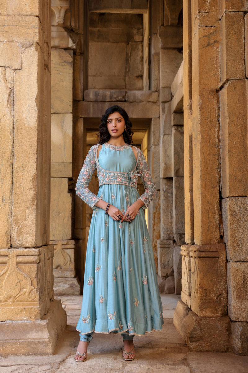 Vaayu Light Blue Heavy Koti Anarkali Set silk modal kurta/kurta set by Niti Bothra in light blue for women Worldwide
