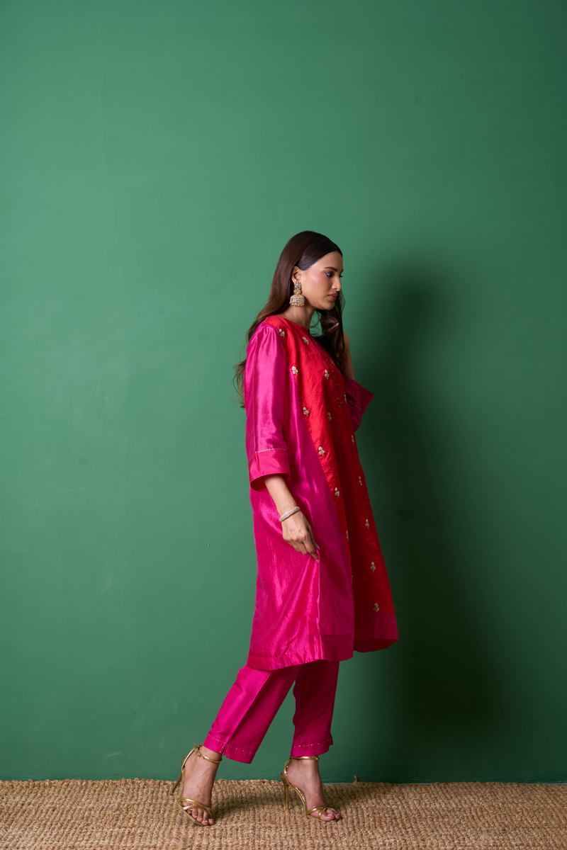 Delight Kurta Set - Red silk by Priti Prashant in red color for women Worldwide