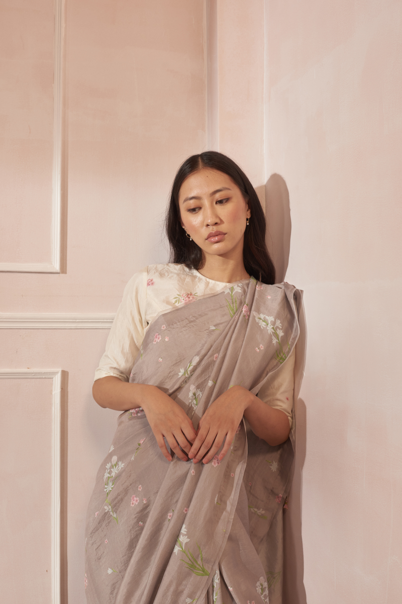 Rajnigandha and Periwinkle Mulberry Silk Sari silk by Nadiya Paar in brown color for women Worldwide