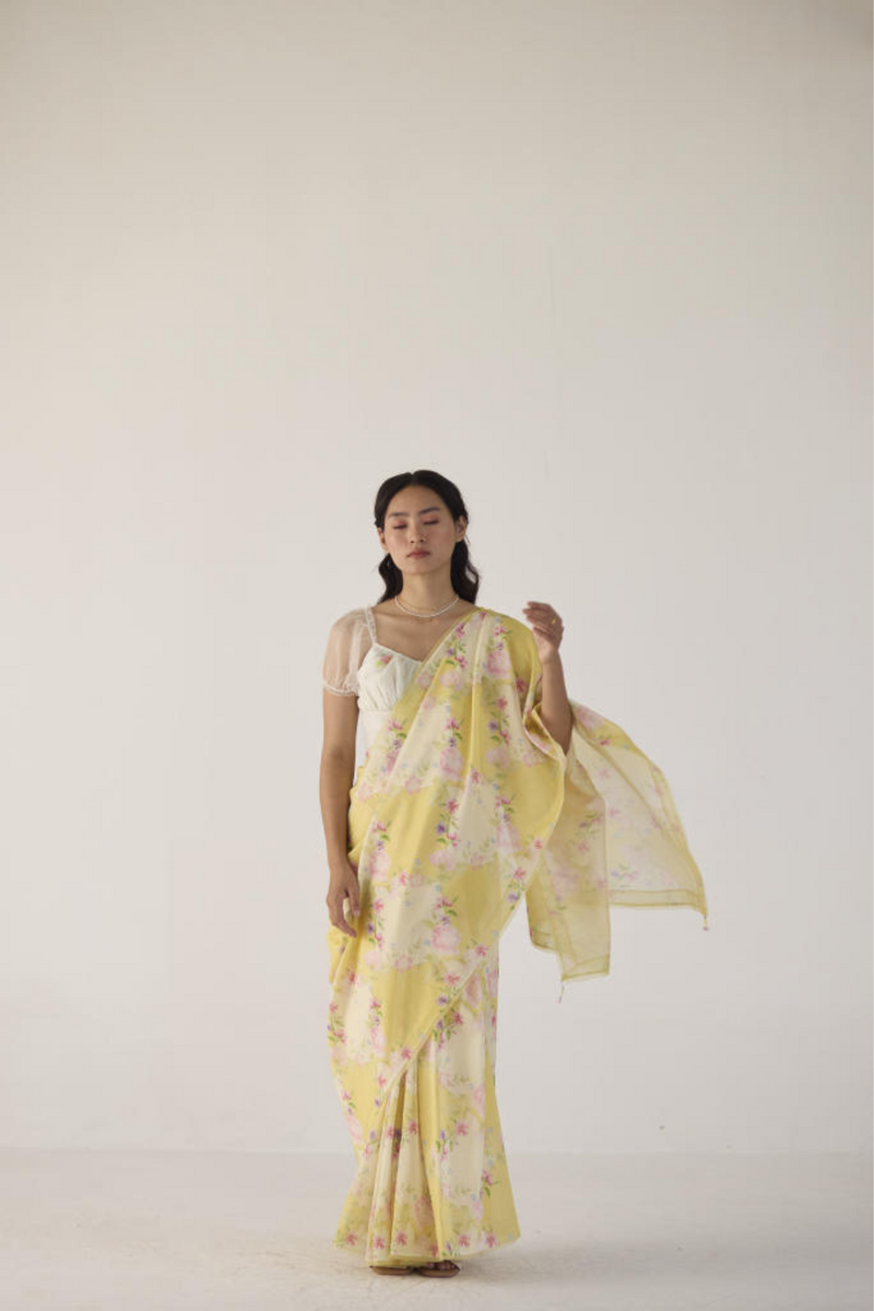 Rose Garden Silk and Cotton Chanderi Sari-Yellow silk by Nadiya Paar in yellow color for women Worldwide