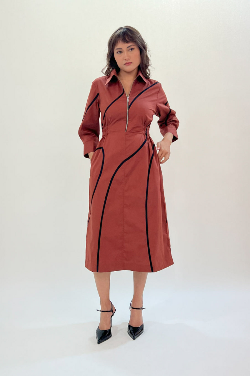 Yara tape dress-Brown & Black 100% cotton by Leh Studios in brown color for women Worldwide