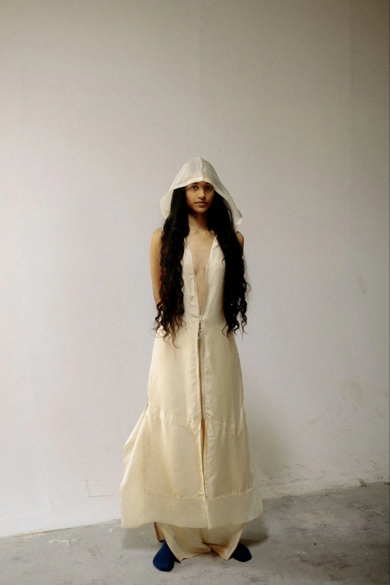 MOKSH HOODED VERSATILE SET silk by Ituvana in rust color for women Worldwide