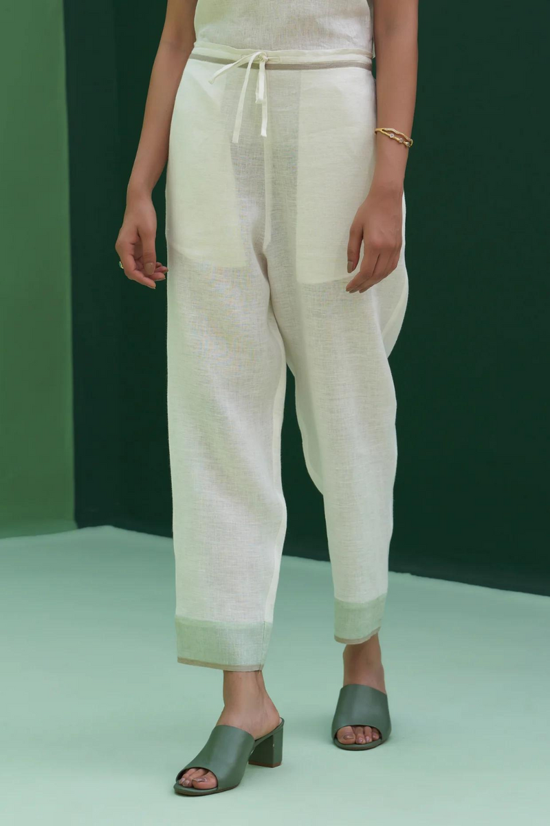 Inawi Border Linen Pant
 - Ivory linen by Manan in ivory color for women Worldwide