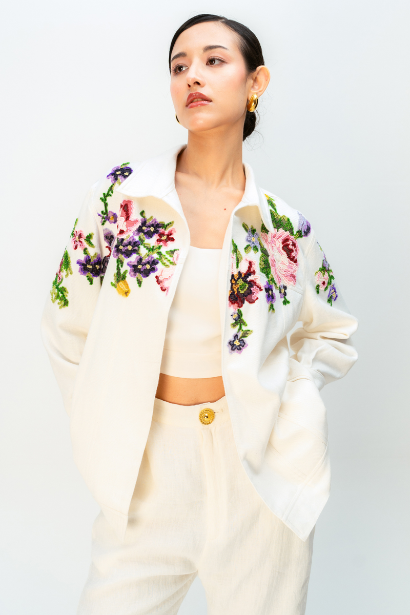TINTS OF YOU JACKET handwoven denim jacket/overlay by Ode to Odd in off white for women Worldwide