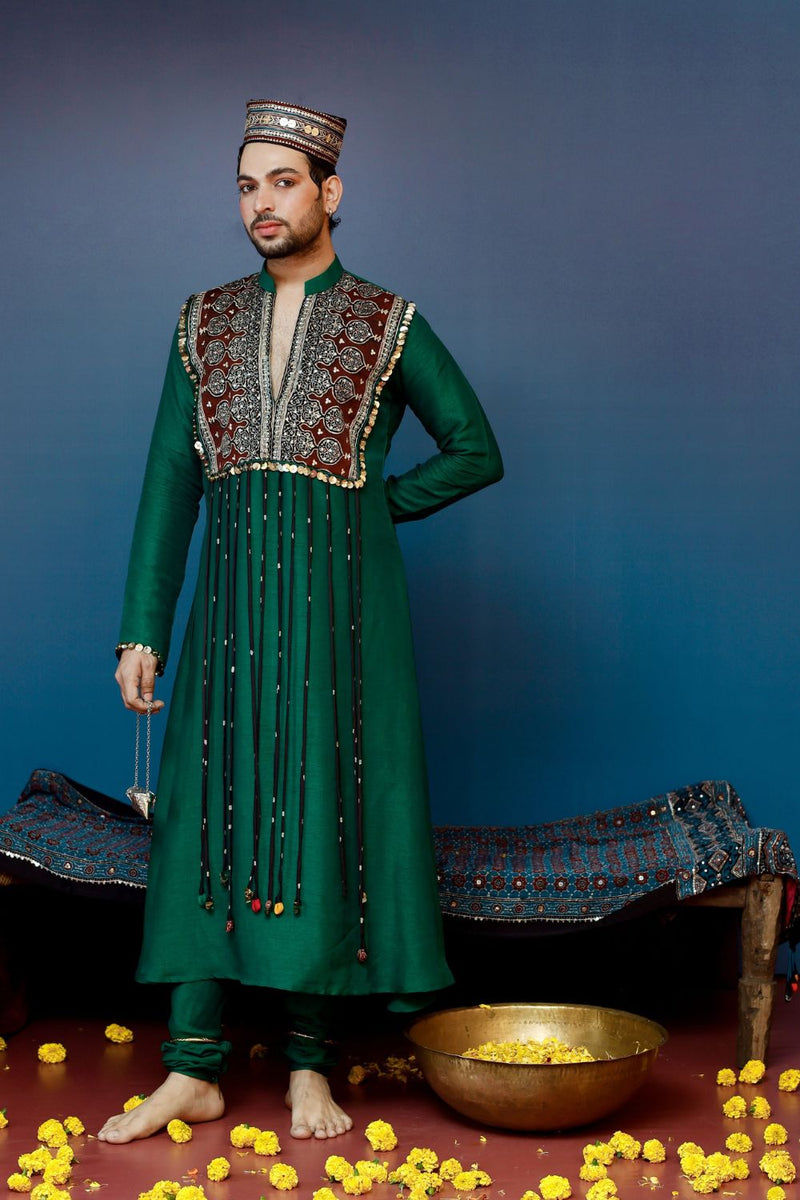 Kari Kurta with Churidar silk by PRAHNAAYA in green color for women Worldwide