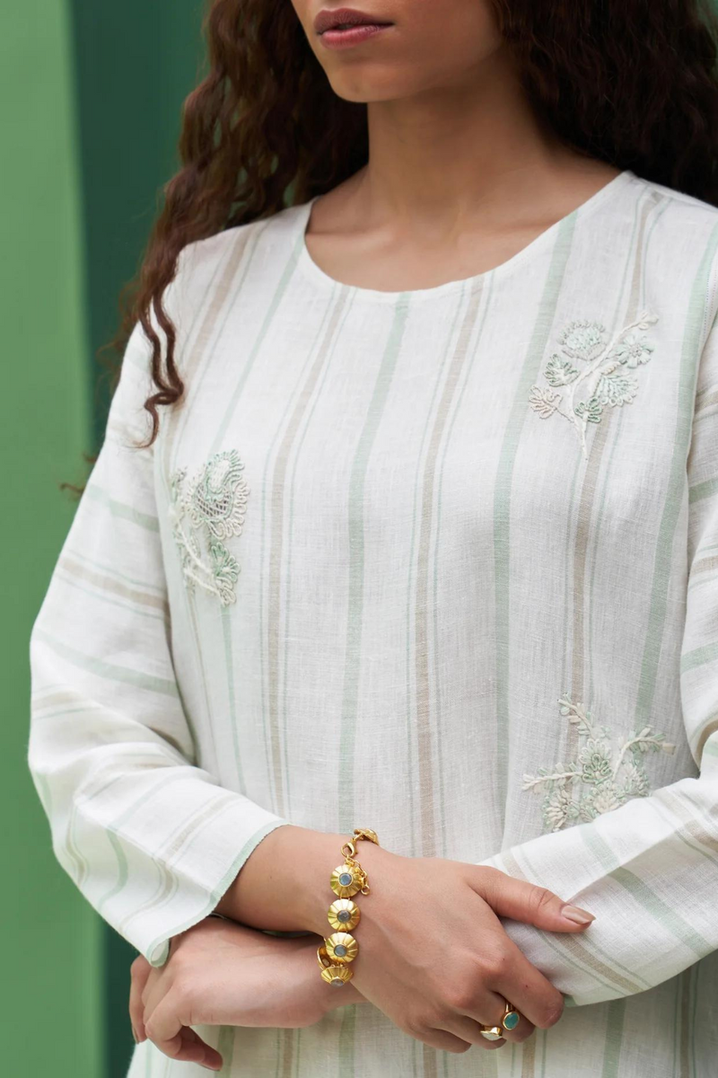 Eiko Striped Linen Kurta
 - Mint linen by Manan in mint color for women Worldwide
