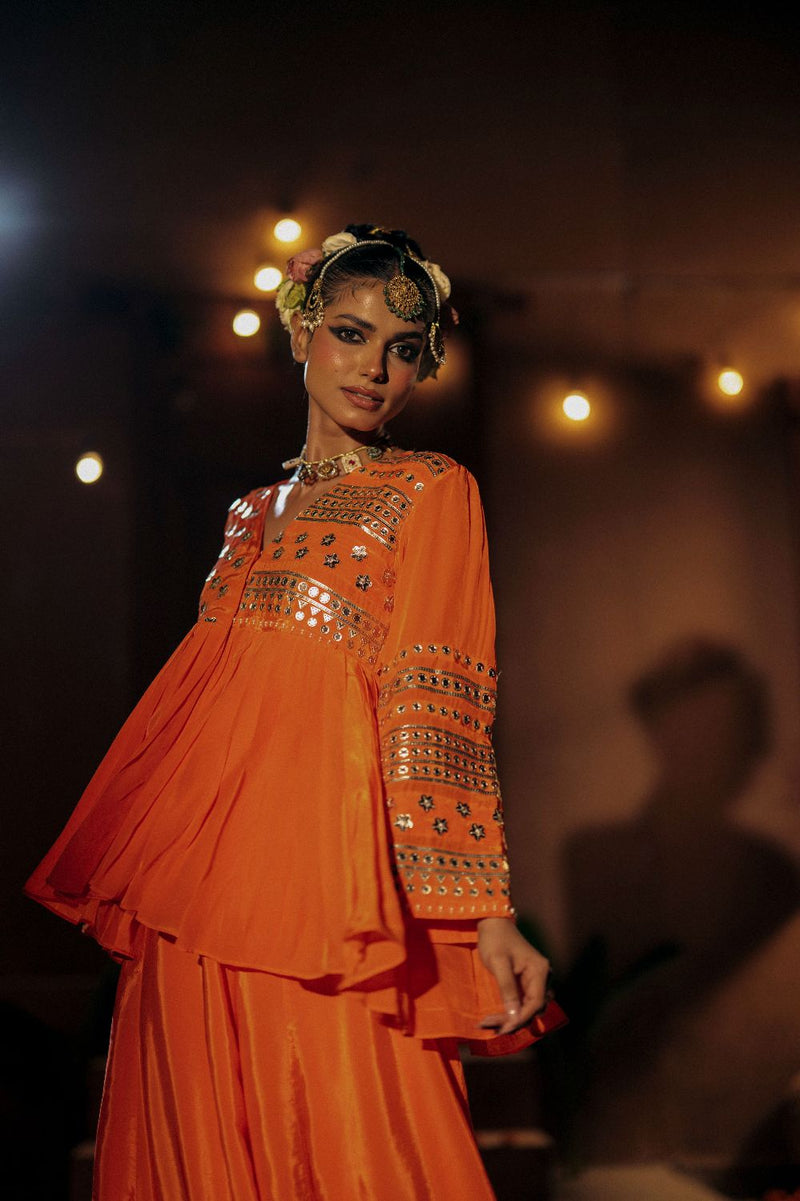 Mangala Peplum Co-ord Set- Orange silk by PRAHNAAYA in orange color for women Worldwide